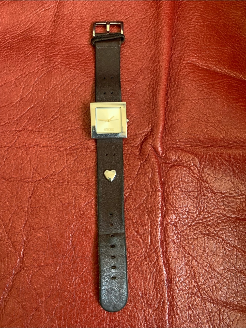 Moschino Brown Leather Strap Square Dial Watch with Heart Accent